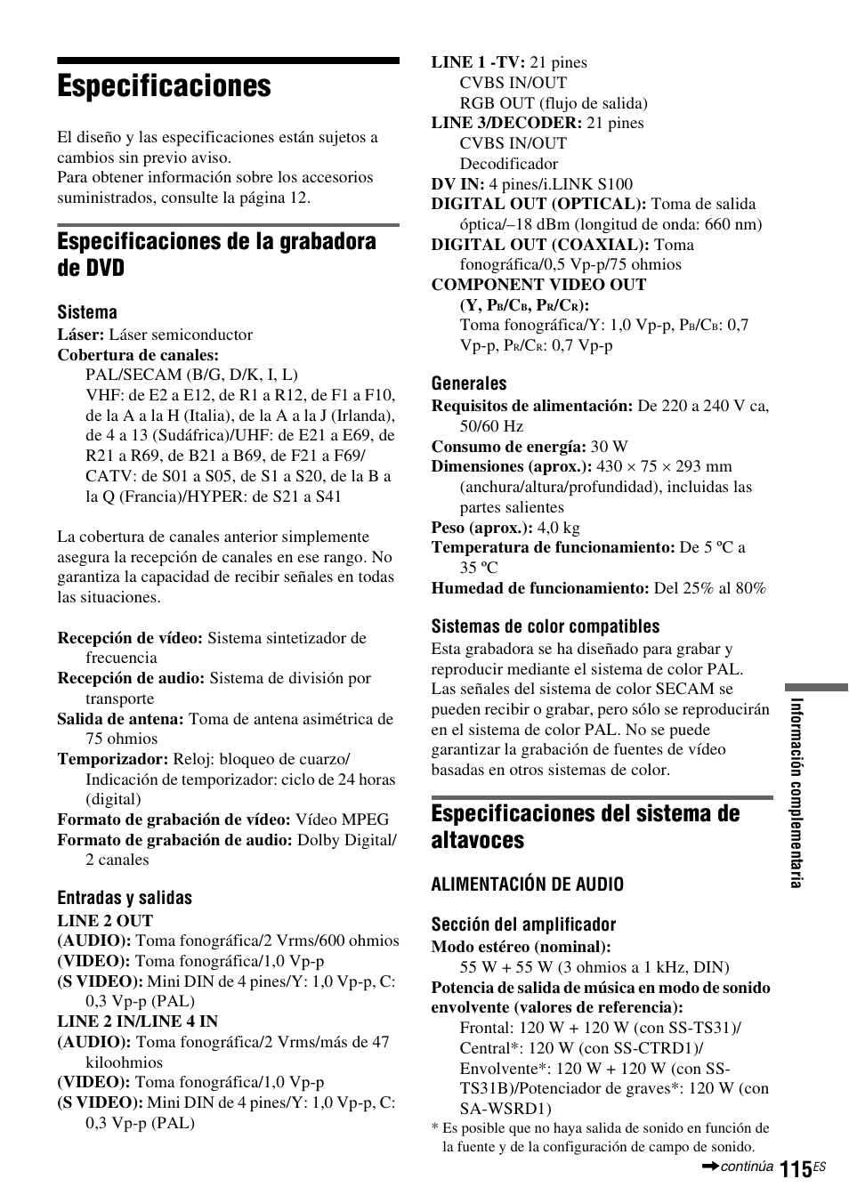 Especificaciones, Especificaciones de la grabadora de dvd, Especificaciones del sistema de altavoces | Sony DAR-RD100 User Manual | Page 235 / 508