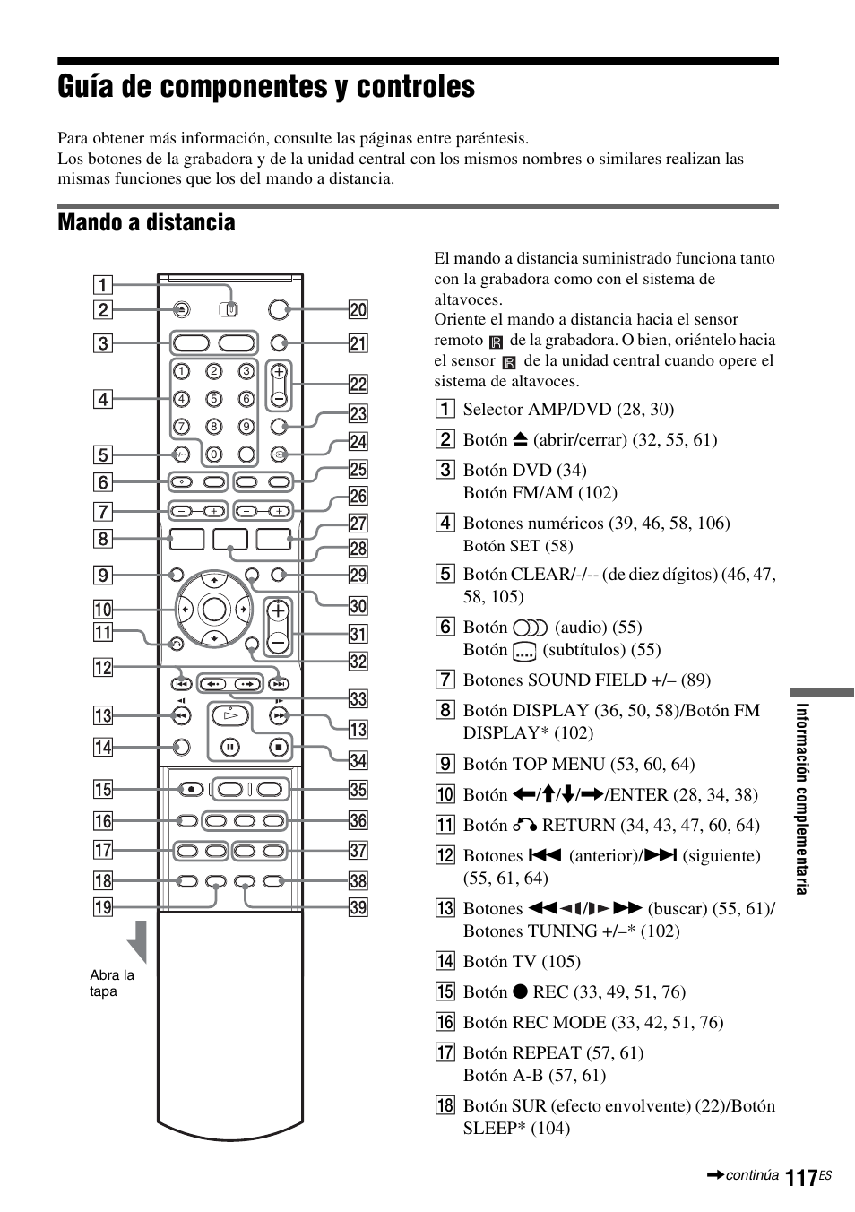 Guía de componentes y controles, Mando a distancia | Sony DAR-RD100 User Manual | Page 237 / 508