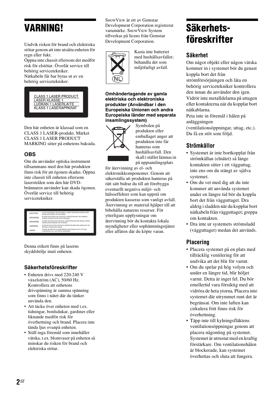 Varning, Säkerhets- föreskrifter, Säkerhet | Strömkällor, Placering, Säkerhetsföreskrifter | Sony DAR-RD100 User Manual | Page 252 / 508