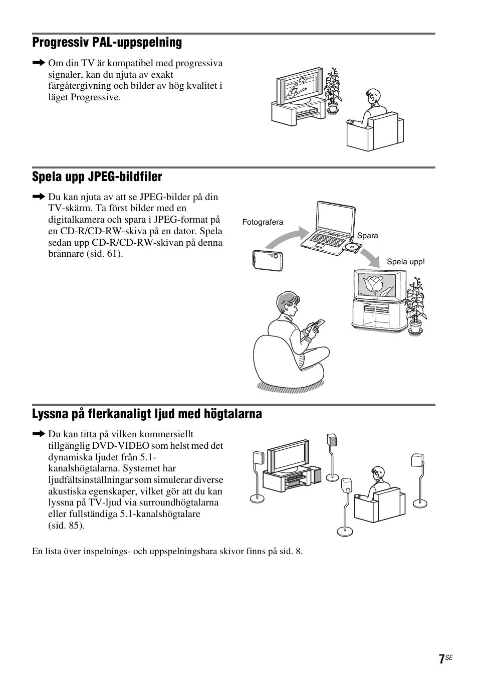 Progressiv pal-uppspelning, Spela upp jpeg-bildfiler, Lyssna på flerkanaligt ljud med högtalarna | Sony DAR-RD100 User Manual | Page 257 / 508