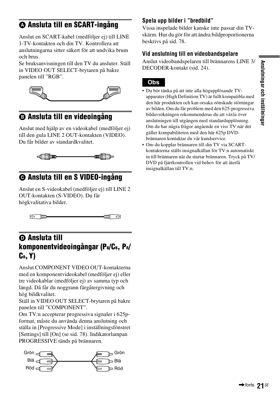 Ansluta till en scart-ingång, Ansluta till en videoingång, Ansluta till en s video-ingång | Ansluta till komponentvideoingångar (p | Sony DAR-RD100 User Manual | Page 271 / 508