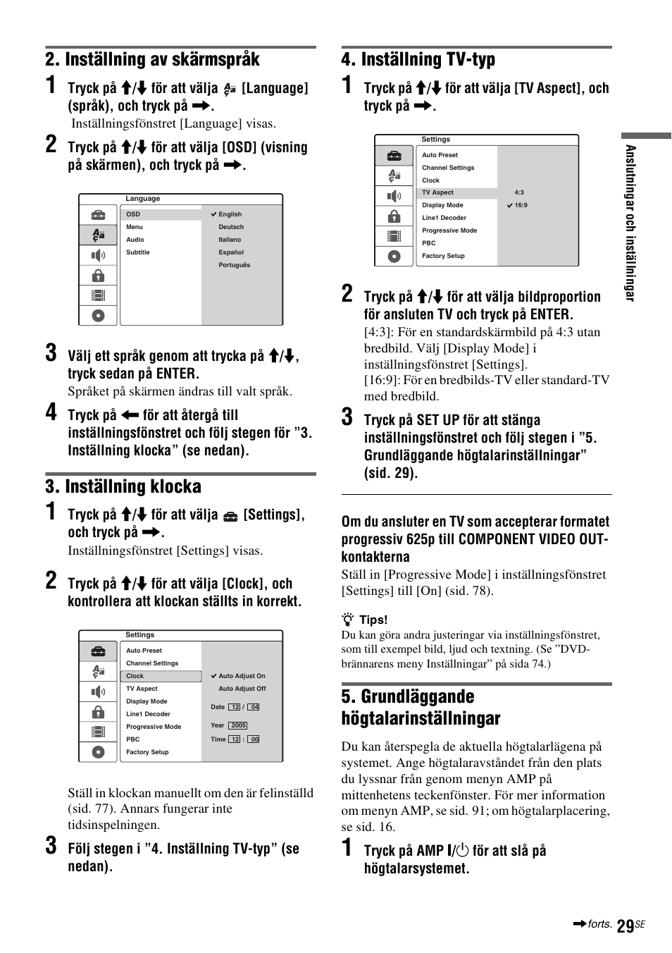 Grundläggande högtalarinställningar, Inställning av skärmspråk, Inställning klocka | Sid. 29), Inställning tv-typ | Sony DAR-RD100 User Manual | Page 279 / 508