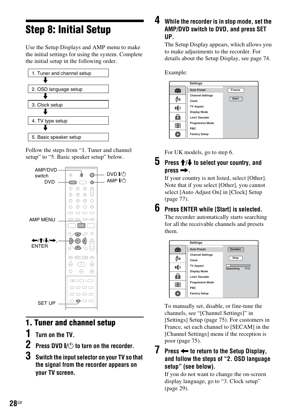 Step 8: initial setup, Tuner and channel setup, Turn on the tv | Press dvd [ / 1 to turn on the recorder, Press m / m to select your country, and press, Press enter while [start] is selected | Sony DAR-RD100 User Manual | Page 28 / 508
