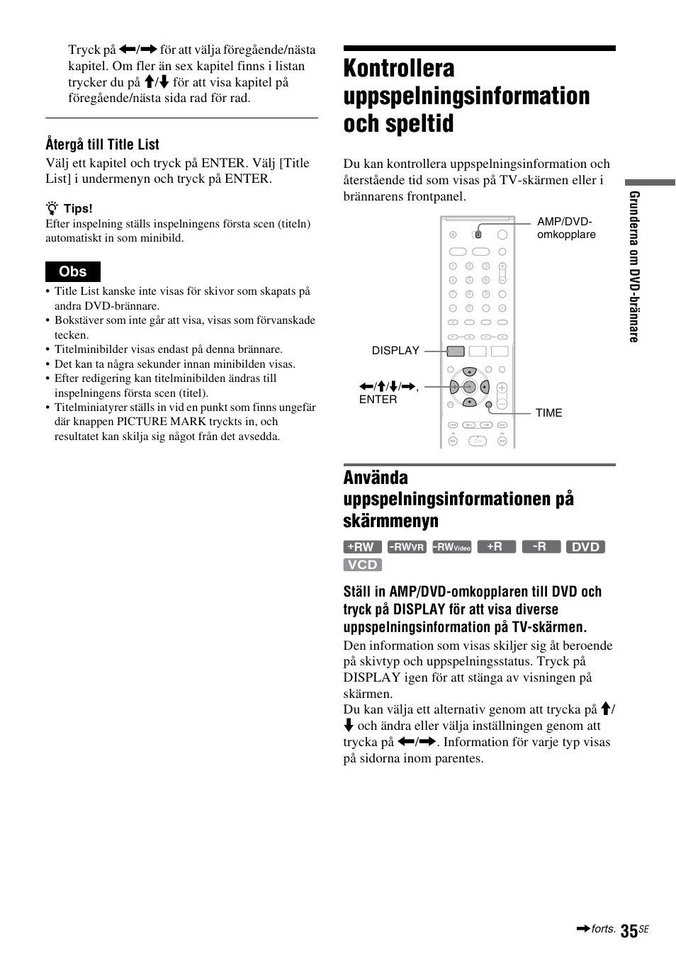 Kontrollera uppspelningsinformation och speltid, Använda uppspelningsinformationen på skärmmenyn, Återgå till title list | Sony DAR-RD100 User Manual | Page 285 / 508