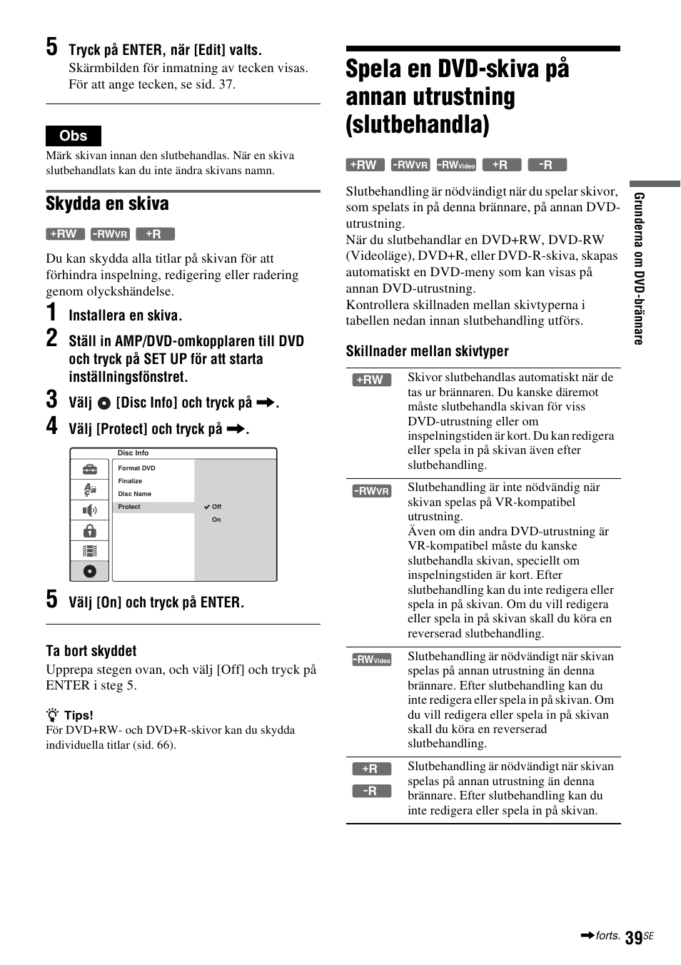 Sid. 39), Skydda en skiva | Sony DAR-RD100 User Manual | Page 289 / 508
