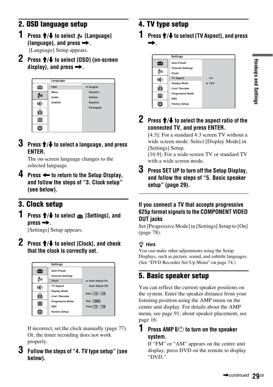 Basic speaker setup, Osd language setup, Clock setup | Tv type setup | Sony DAR-RD100 User Manual | Page 29 / 508