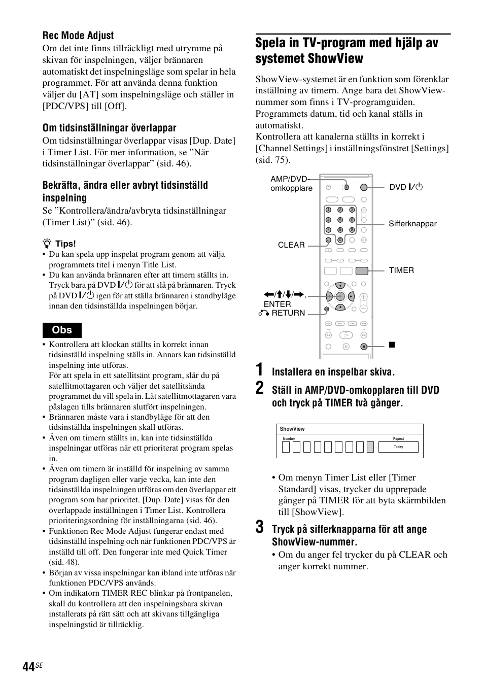 Rec mode adjust, Sid. 44, Spela in tv-program med hjälp av systemet showview | Om tidsinställningar överlappar, Installera en inspelbar skiva | Sony DAR-RD100 User Manual | Page 294 / 508