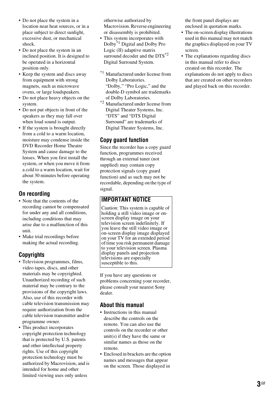 On recording, Copyrights, Copy guard function | About this manual, Important notice | Sony DAR-RD100 User Manual | Page 3 / 508
