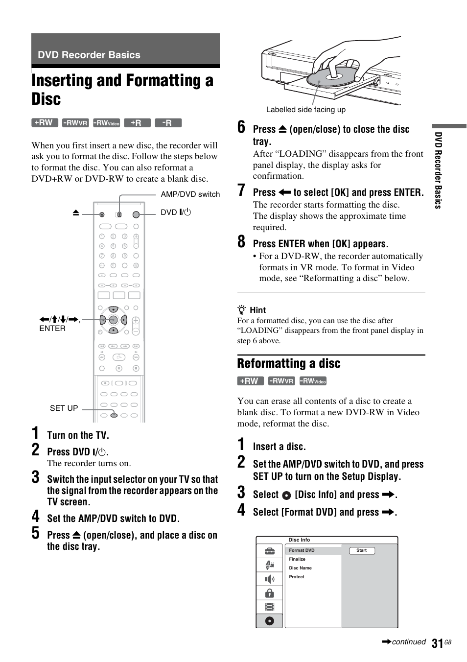Dvd recorder basics, Inserting and formatting a disc, Reformatting a disc | Sony DAR-RD100 User Manual | Page 31 / 508
