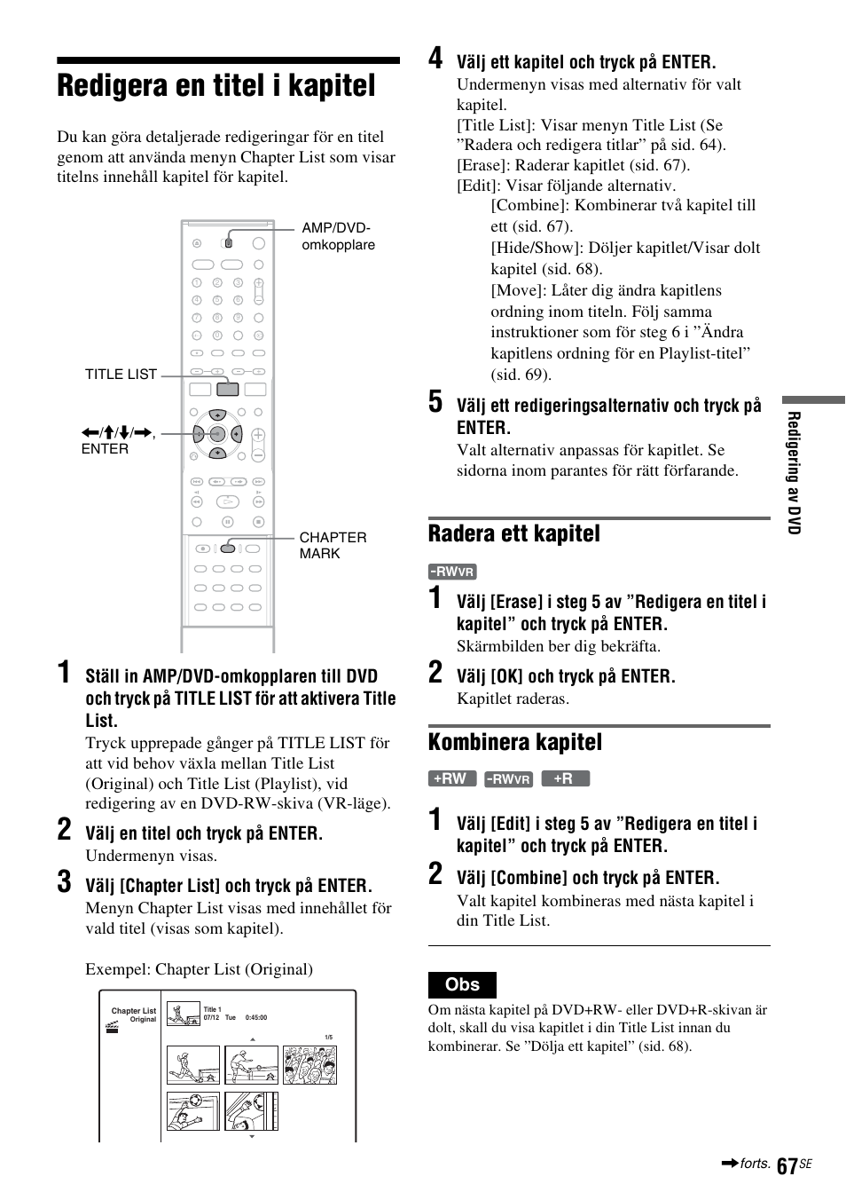 Redigera en titel i kapitel, Sid. 67), Radera ett kapitel | Kombinera kapitel | Sony DAR-RD100 User Manual | Page 317 / 508