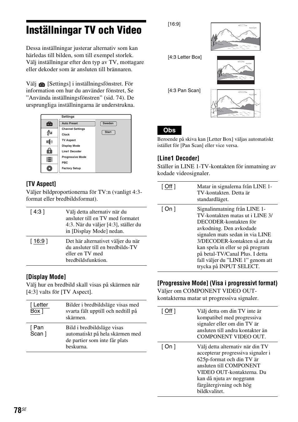 Inställningar tv och video, Sid. 78), Tv aspect | Display mode, Line1 decoder, Progressive mode] (visa i progressivt format) | Sony DAR-RD100 User Manual | Page 328 / 508