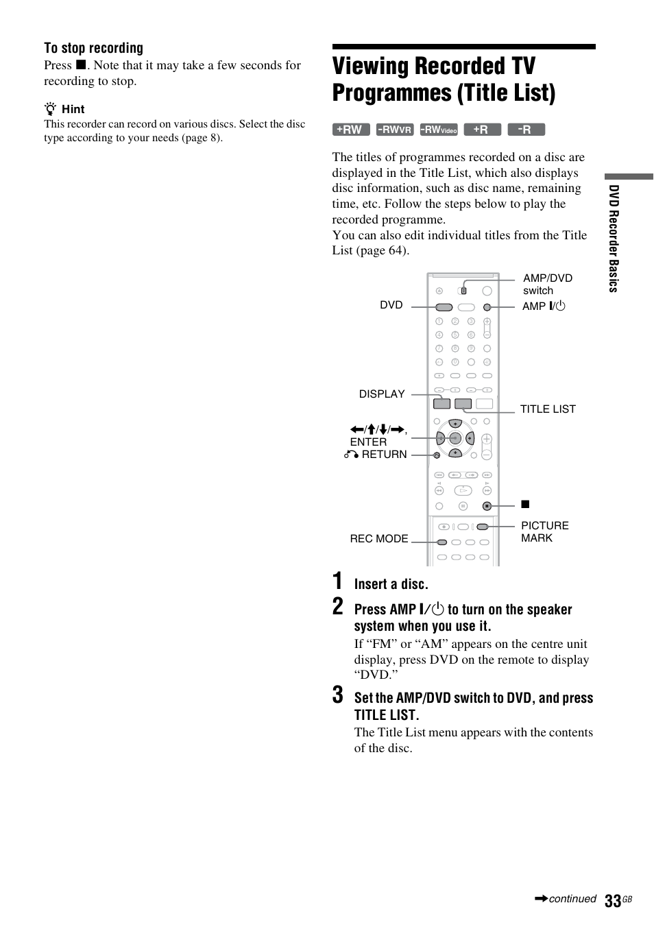 Viewing recorded tv programmes (title list), Insert a disc | Sony DAR-RD100 User Manual | Page 33 / 508