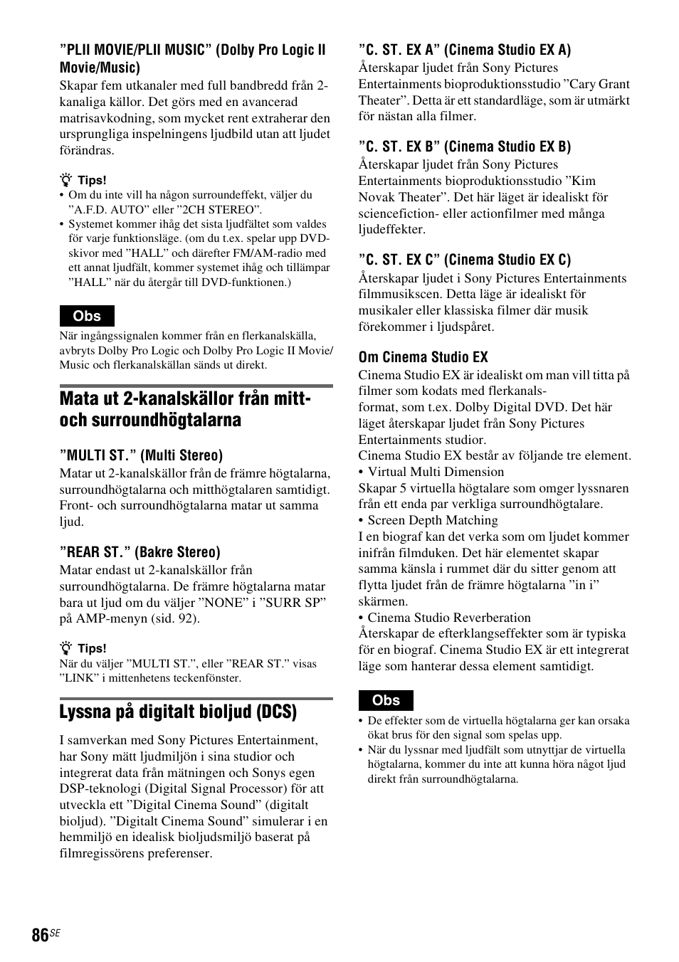 Sid. 86), Lyssna på digitalt bioljud (dcs) | Sony DAR-RD100 User Manual | Page 336 / 508