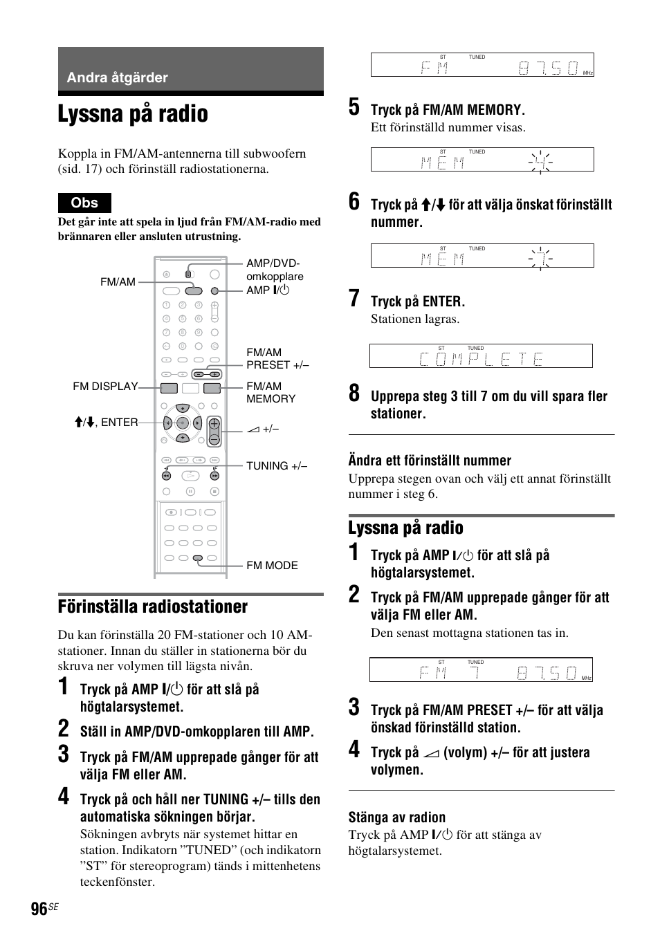 Andra åtgärder, Lyssna på radio, Förinställa radiostationer | Sony DAR-RD100 User Manual | Page 346 / 508