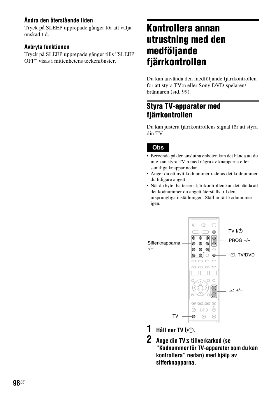 Sid. 98), Styra tv-apparater med fjärrkontrollen, Ändra den återstående tiden | Avbryta funktionen, Håll ner tv [ / 1 | Sony DAR-RD100 User Manual | Page 348 / 508