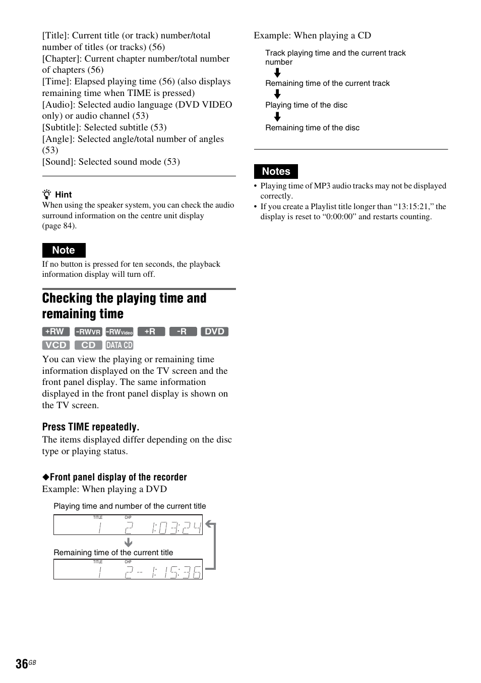 Checking the playing time and remaining time, Press time repeatedly | Sony DAR-RD100 User Manual | Page 36 / 508