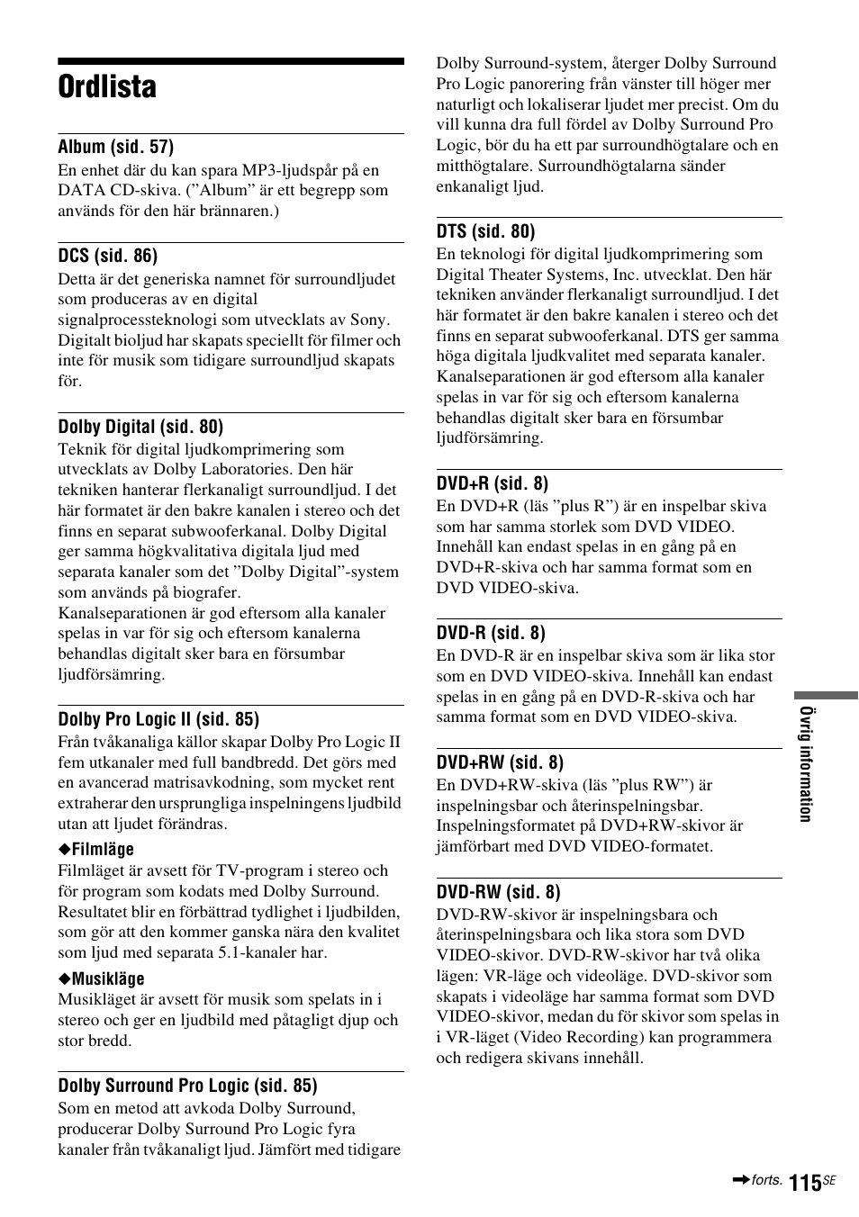 Ordlista | Sony DAR-RD100 User Manual | Page 365 / 508