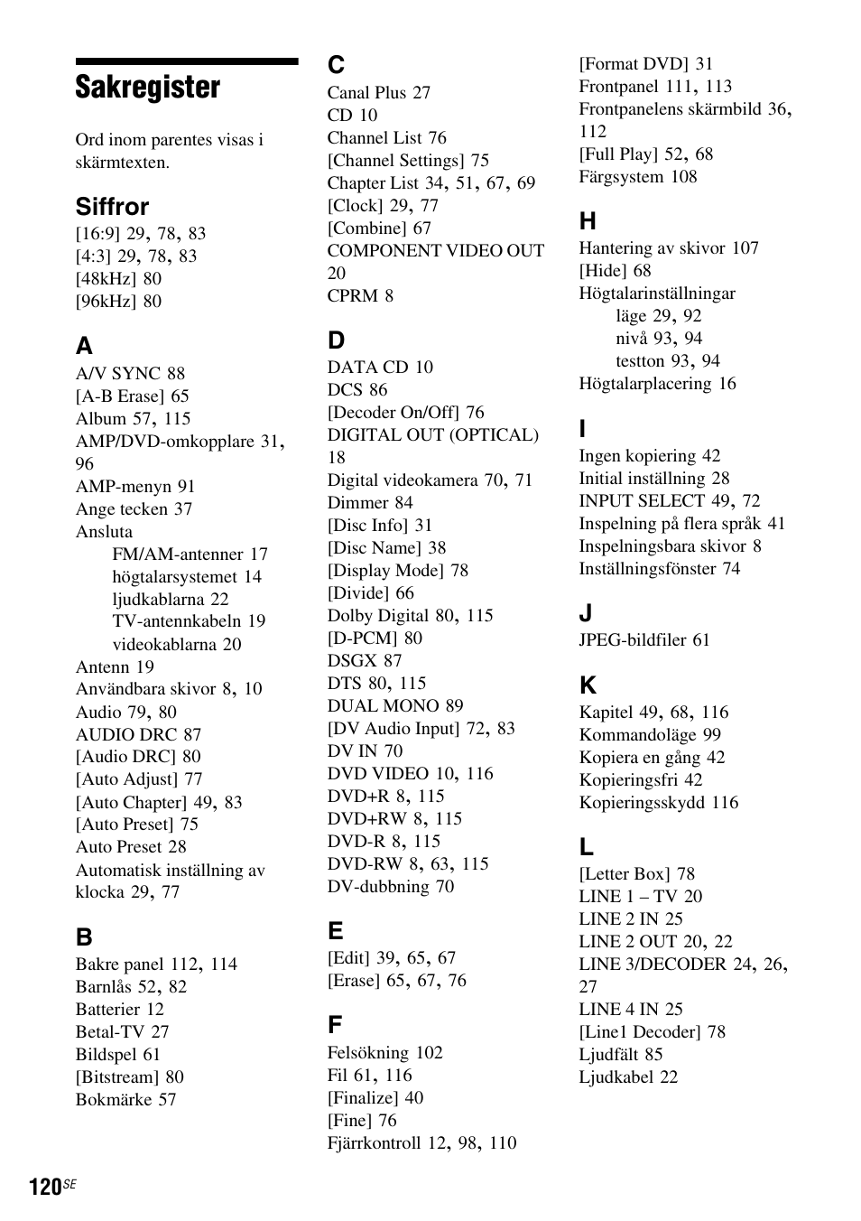 Sakregister, Siffror | Sony DAR-RD100 User Manual | Page 370 / 508