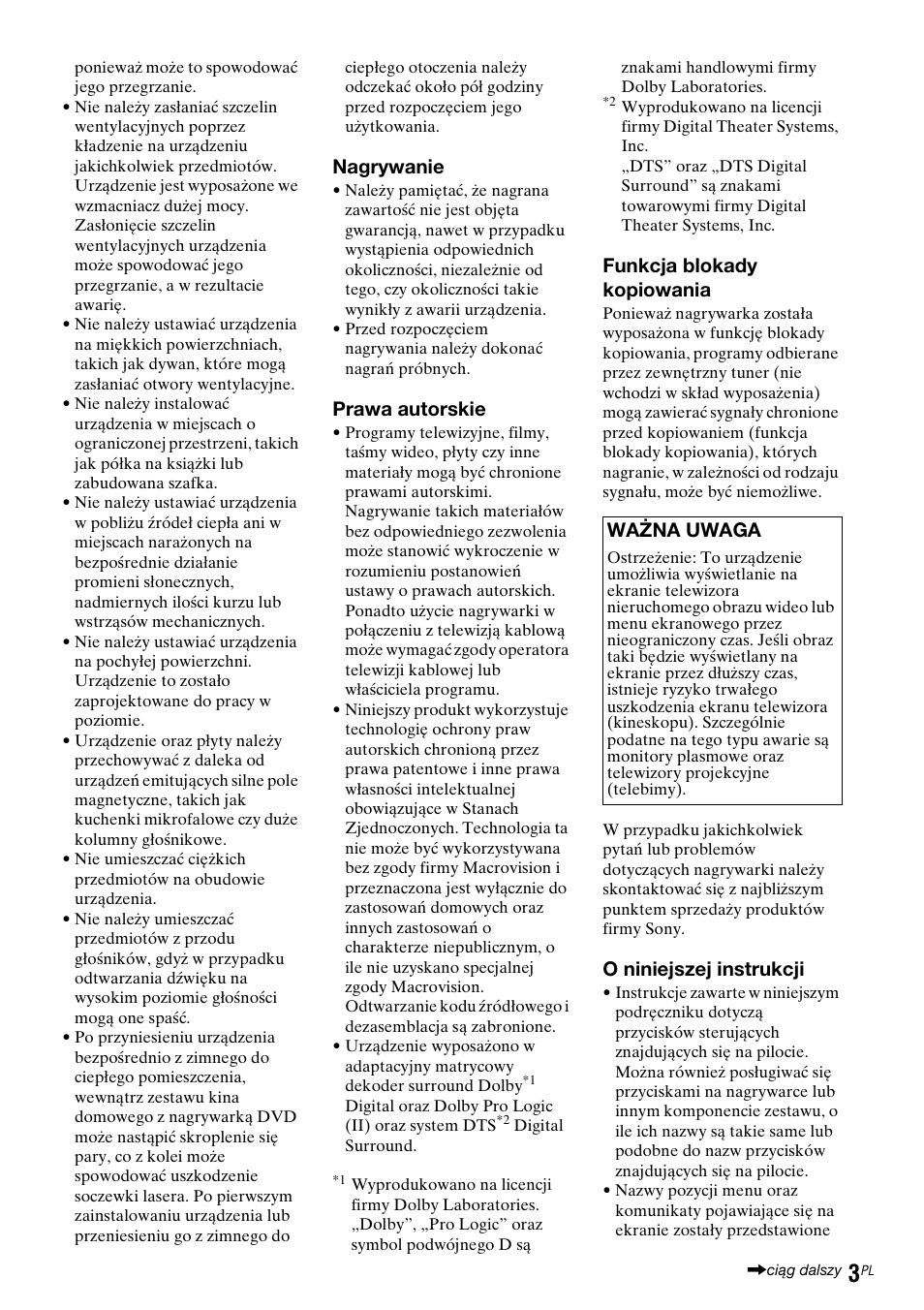 Nagrywanie, Prawa autorskie, Funkcja blokady kopiowania | O niniejszej instrukcji, Ważna uwaga | Sony DAR-RD100 User Manual | Page 375 / 508