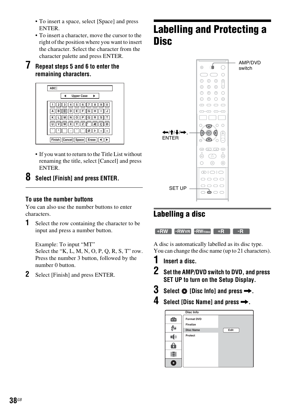 Labelling and protecting a disc, Labelling a disc, Insert a disc | Select [disc info] and press, Select [disc name] and press, Select [finish] and press enter | Sony DAR-RD100 User Manual | Page 38 / 508
