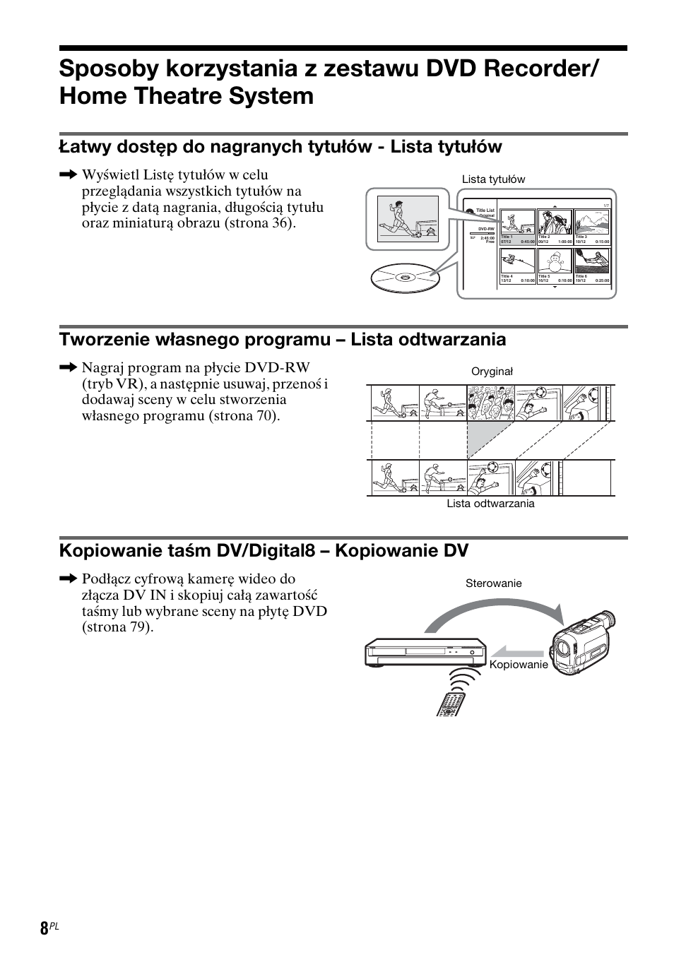 Łatwy dostęp do nagranych tytułów - lista tytułów, Tworzenie własnego programu – lista odtwarzania, Kopiowanie taśm dv/digital8 – kopiowanie dv | Sony DAR-RD100 User Manual | Page 380 / 508