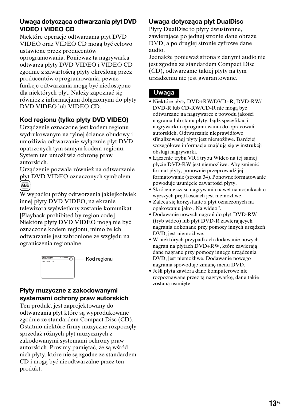 Kod regionu (tylko płyty dvd video), Uwaga dotycząca płyt dualdisc, Uwaga | Sony DAR-RD100 User Manual | Page 385 / 508
