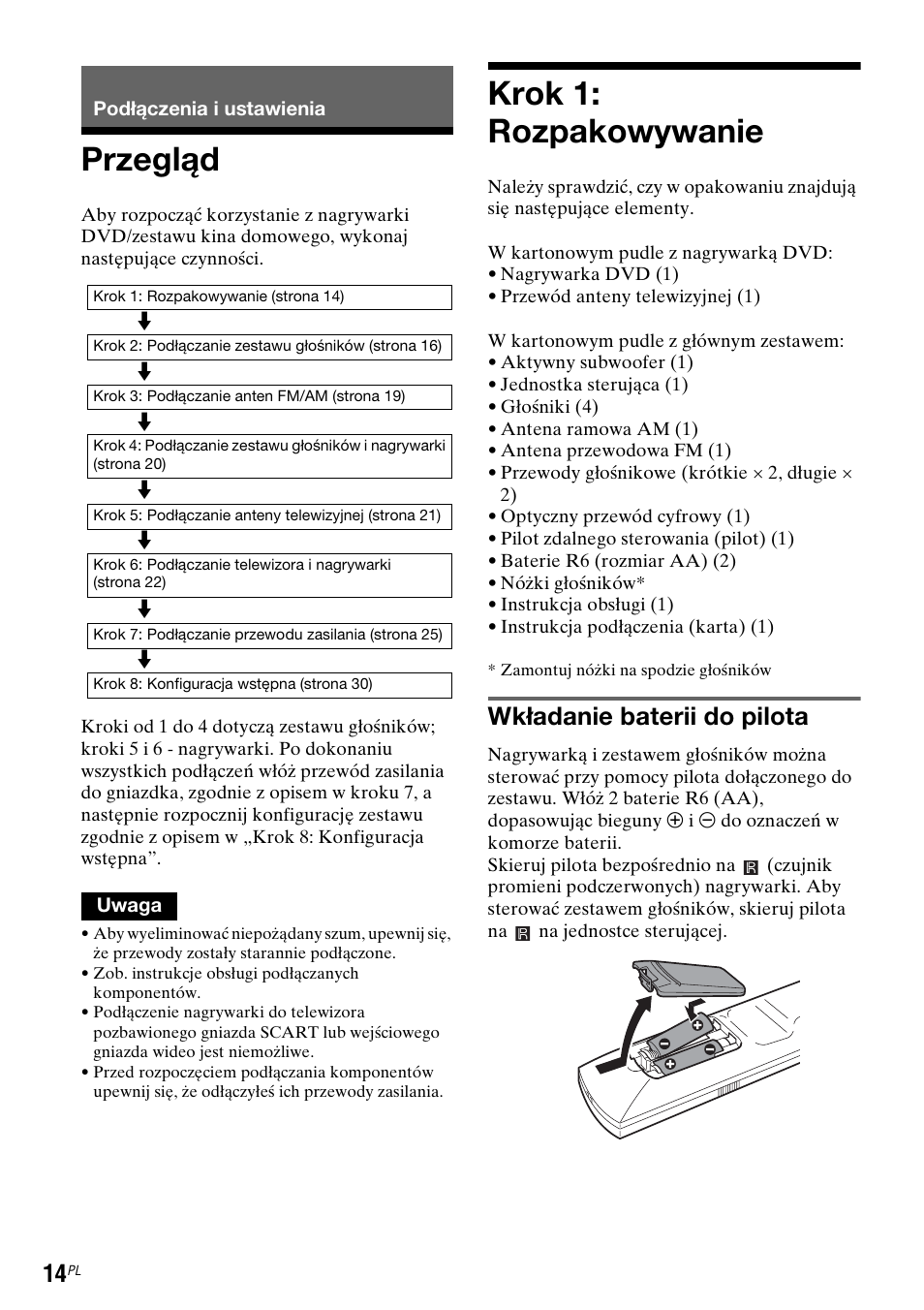 Podłączenia i ustawienia, Przegląd, Krok 1: rozpakowywanie | Przegląd krok 1: rozpakowywanie, Wkładanie baterii do pilota | Sony DAR-RD100 User Manual | Page 386 / 508