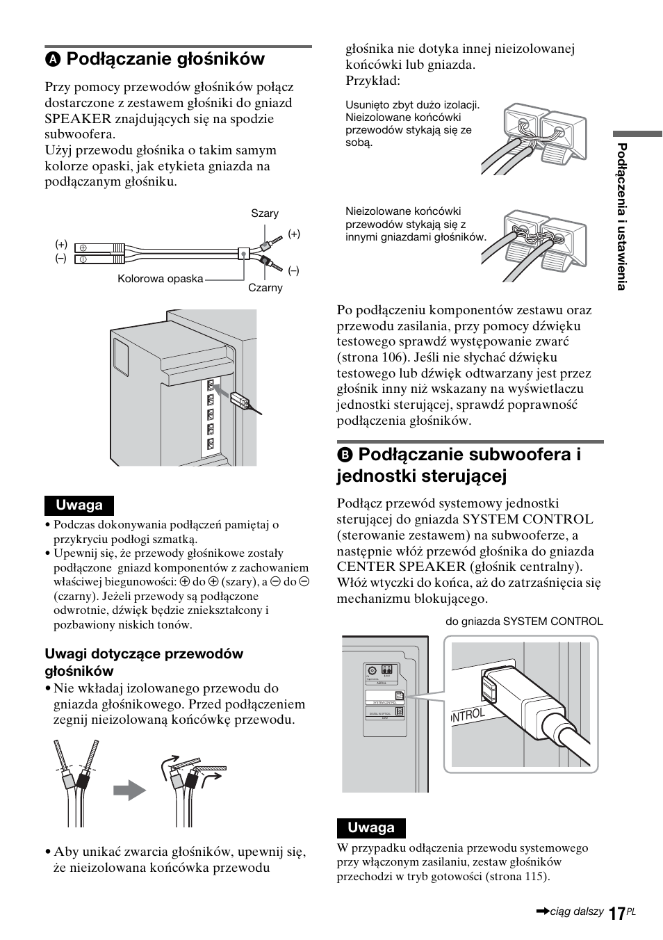 Podłączanie głośników, Podłączanie subwoofera i jednostki sterującej, Uwaga | Uwagi dotyczące przewodów głośników | Sony DAR-RD100 User Manual | Page 389 / 508