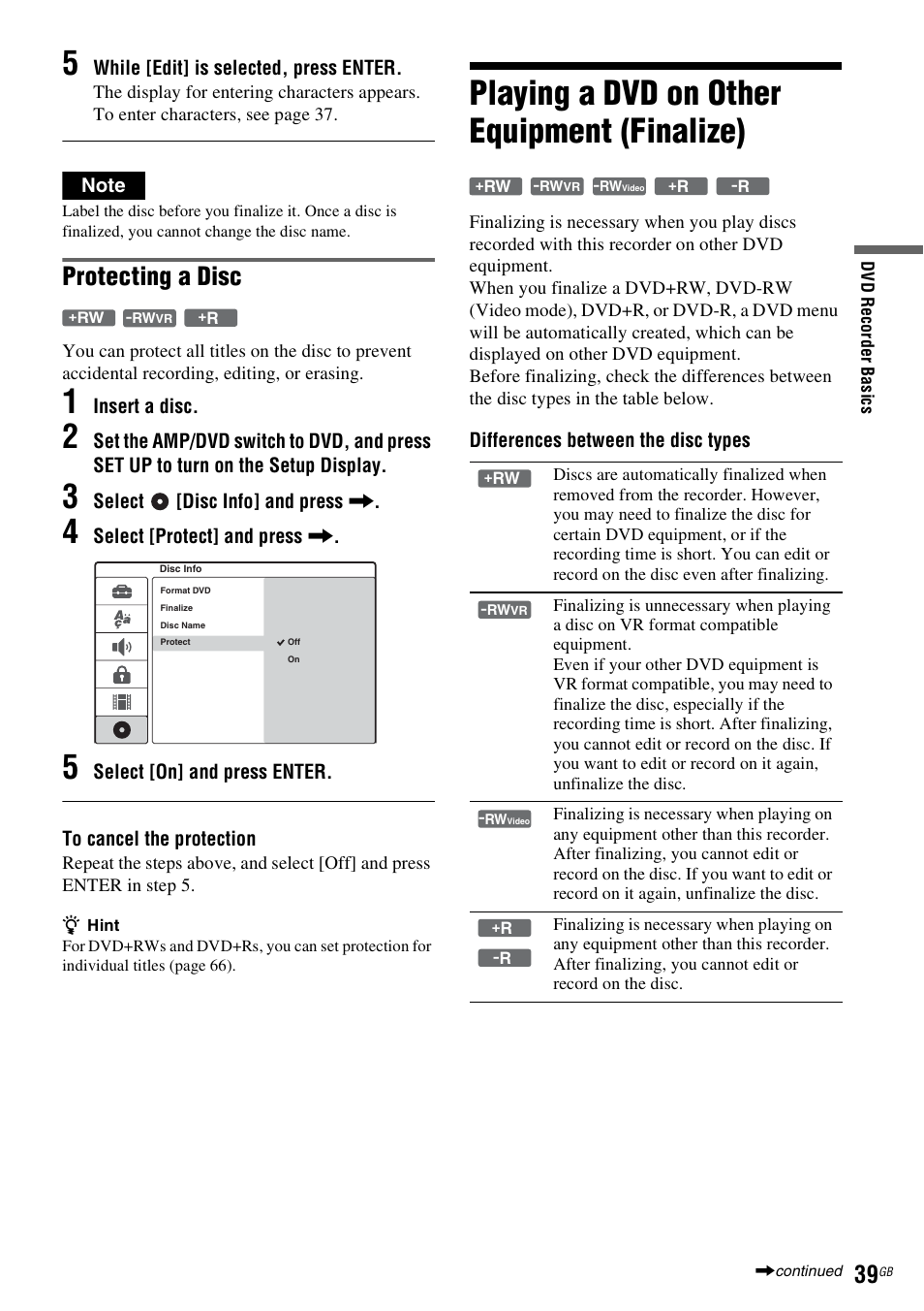 Playing a dvd on other equipment (finalize), Protecting a disc | Sony DAR-RD100 User Manual | Page 39 / 508