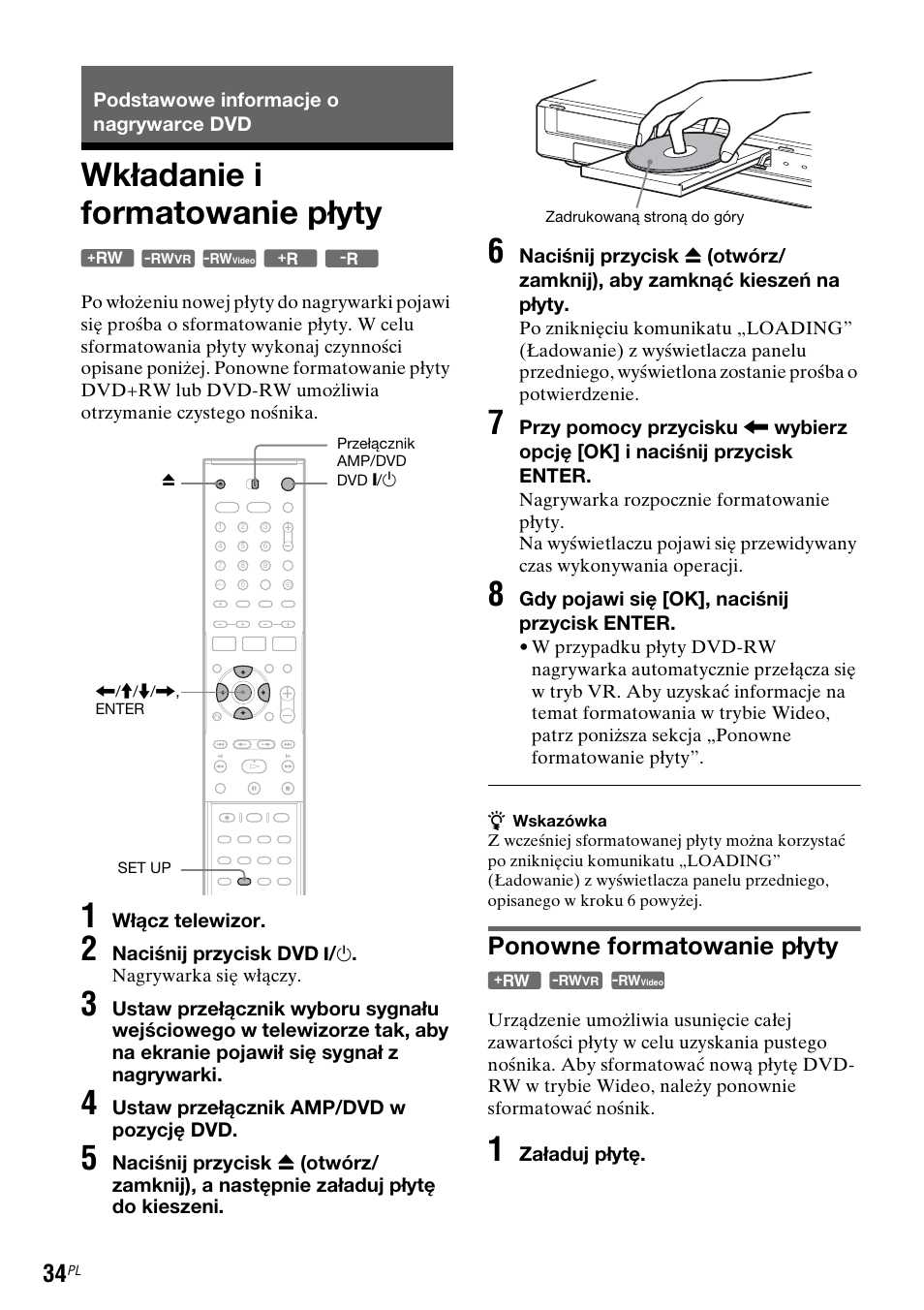 Podstawowe informacje o nagrywarce dvd, Wkładanie i formatowanie płyty, Ponowne formatowanie płyty | Sony DAR-RD100 User Manual | Page 406 / 508