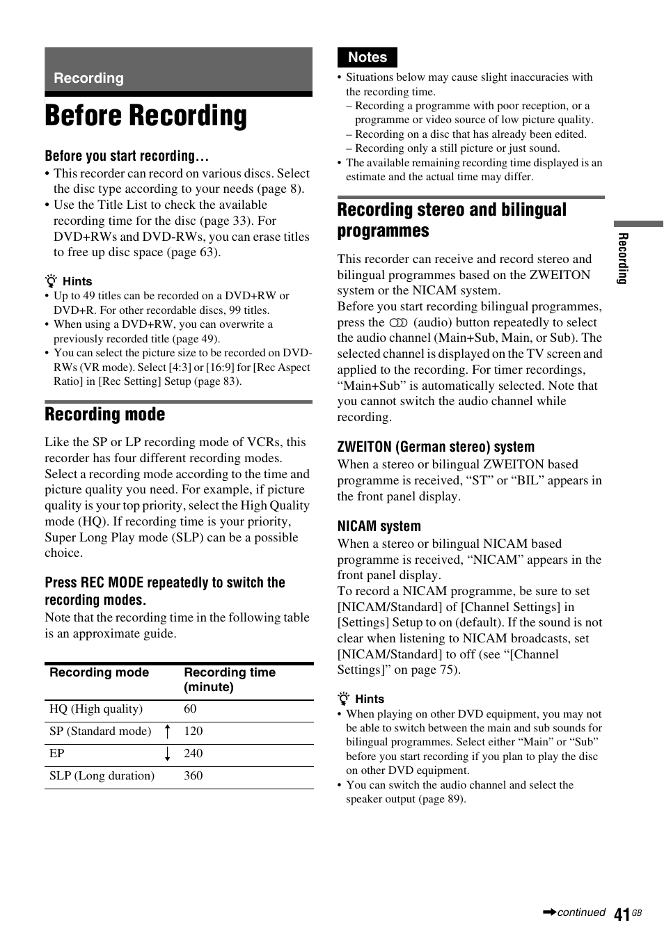 Recording, Before recording, Recording mode | Recording stereo and bilingual programmes | Sony DAR-RD100 User Manual | Page 41 / 508