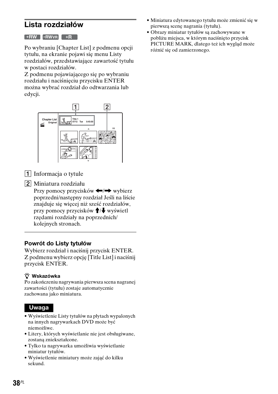 Lista rozdziałów, Ainformacja o tytule b miniatura rozdziału, Powrót do listy tytułów | Uwaga | Sony DAR-RD100 User Manual | Page 410 / 508