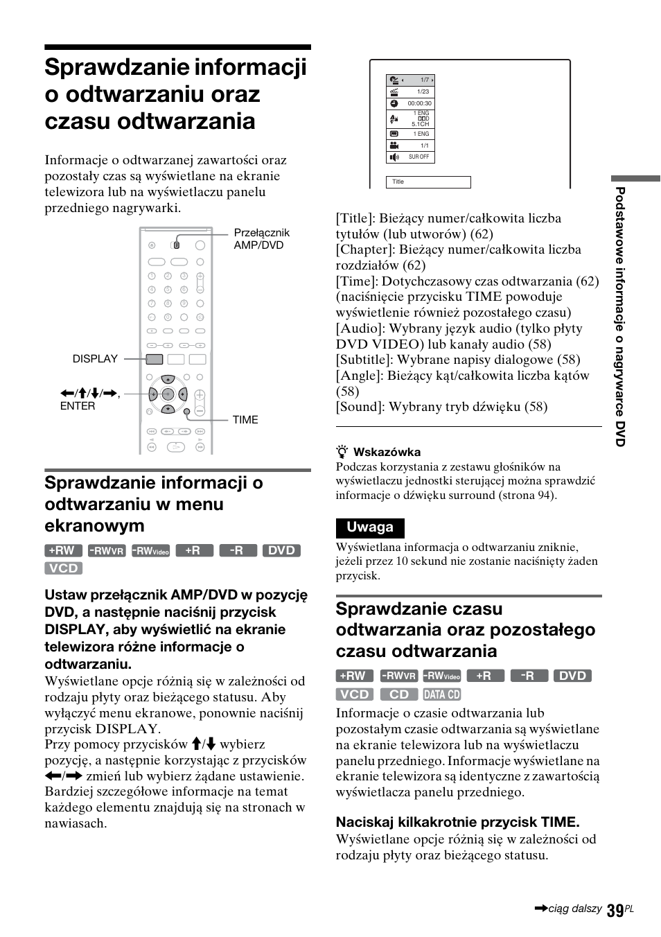Uwaga, Naciskaj kilkakrotnie przycisk time | Sony DAR-RD100 User Manual | Page 411 / 508
