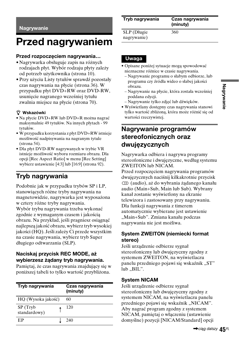 Nagrywanie, Przed nagrywaniem, Tryb nagrywania | Sony DAR-RD100 User Manual | Page 417 / 508