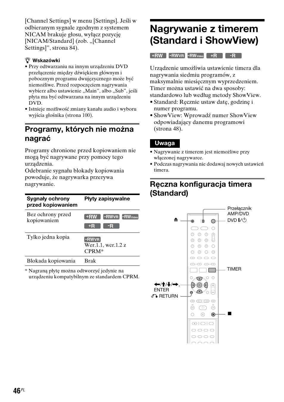 Nagrywanie z timerem (standard i showview), Programy, których nie można nagrać, Ręczna konfiguracja timera (standard) | Uwaga | Sony DAR-RD100 User Manual | Page 418 / 508