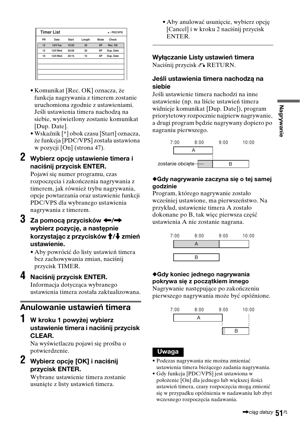 Anulowanie ustawień timera, Naciśnij przycisk enter, Wybierz opcję [ok] i naciśnij przycisk enter | Wyłączanie listy ustawień timera, Jeśli ustawienia timera nachodzą na siebie, Uwaga | Sony DAR-RD100 User Manual | Page 423 / 508
