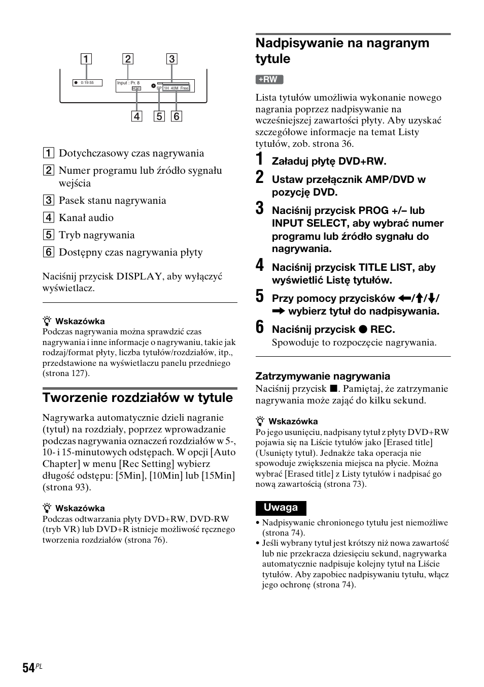 Tworzenie rozdziałów w tytule, Nadpisywanie na nagranym tytule | Sony DAR-RD100 User Manual | Page 426 / 508