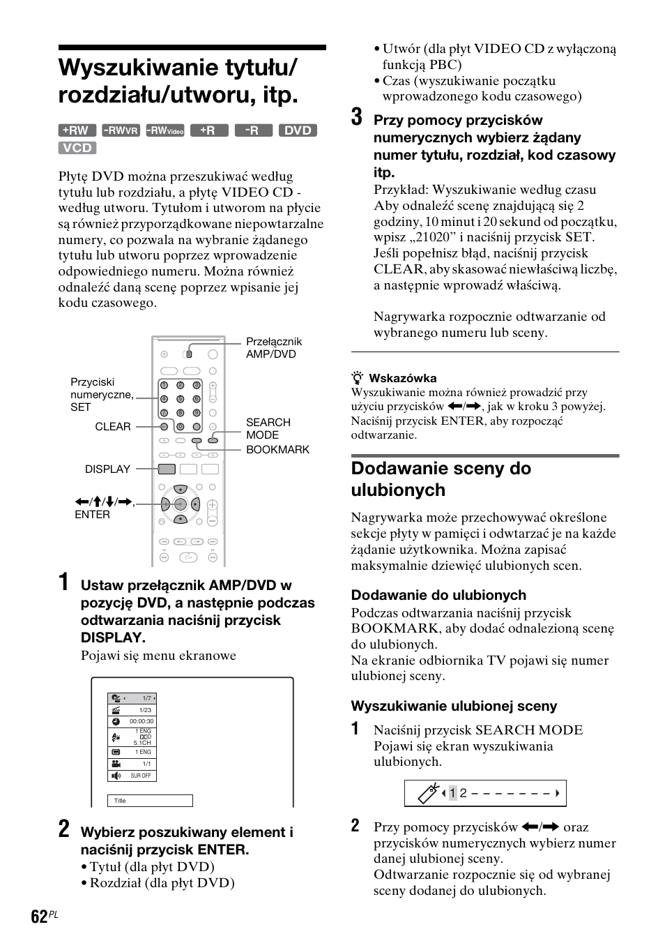 Wyszukiwanie tytułu/rozdziału/utworu, itp, Wyszukiwanie tytułu/ rozdziału/utworu, itp, Dodawanie sceny do ulubionych | Dodawanie do ulubionych, Wyszukiwanie ulubionej sceny | Sony DAR-RD100 User Manual | Page 434 / 508