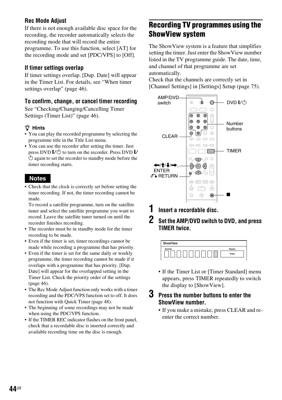 E “rec mode adjust, Recording tv programmes using the showview system, Rec mode adjust | If timer settings overlap, Insert a recordable disc | Sony DAR-RD100 User Manual | Page 44 / 508