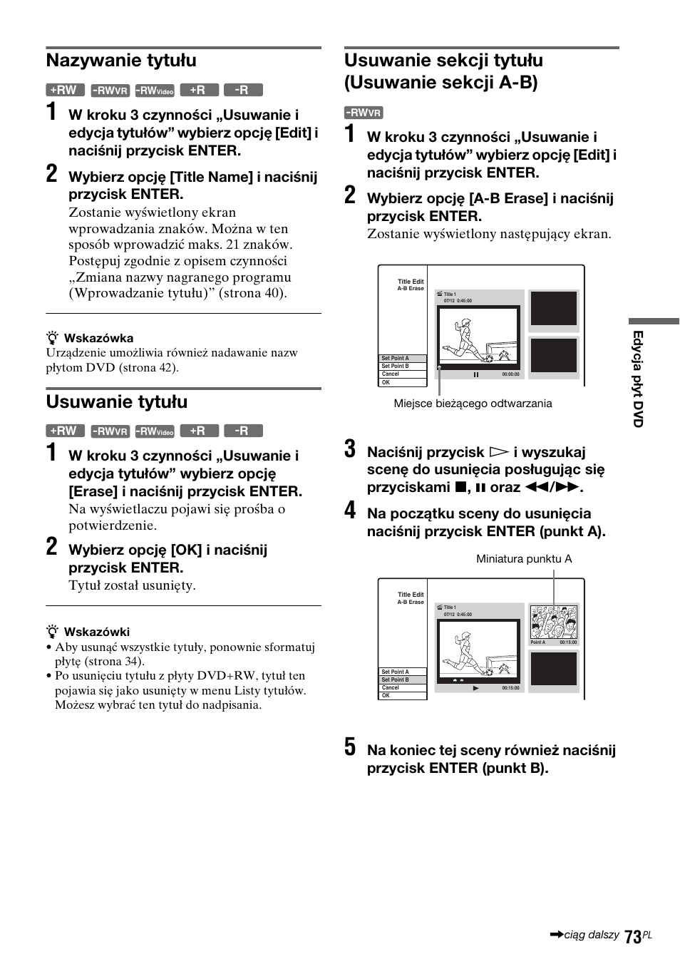 Nazywanie tytułu, Usuwanie tytułu, Usuwanie sekcji tytułu (usuwanie sekcji a-b) | Sony DAR-RD100 User Manual | Page 445 / 508