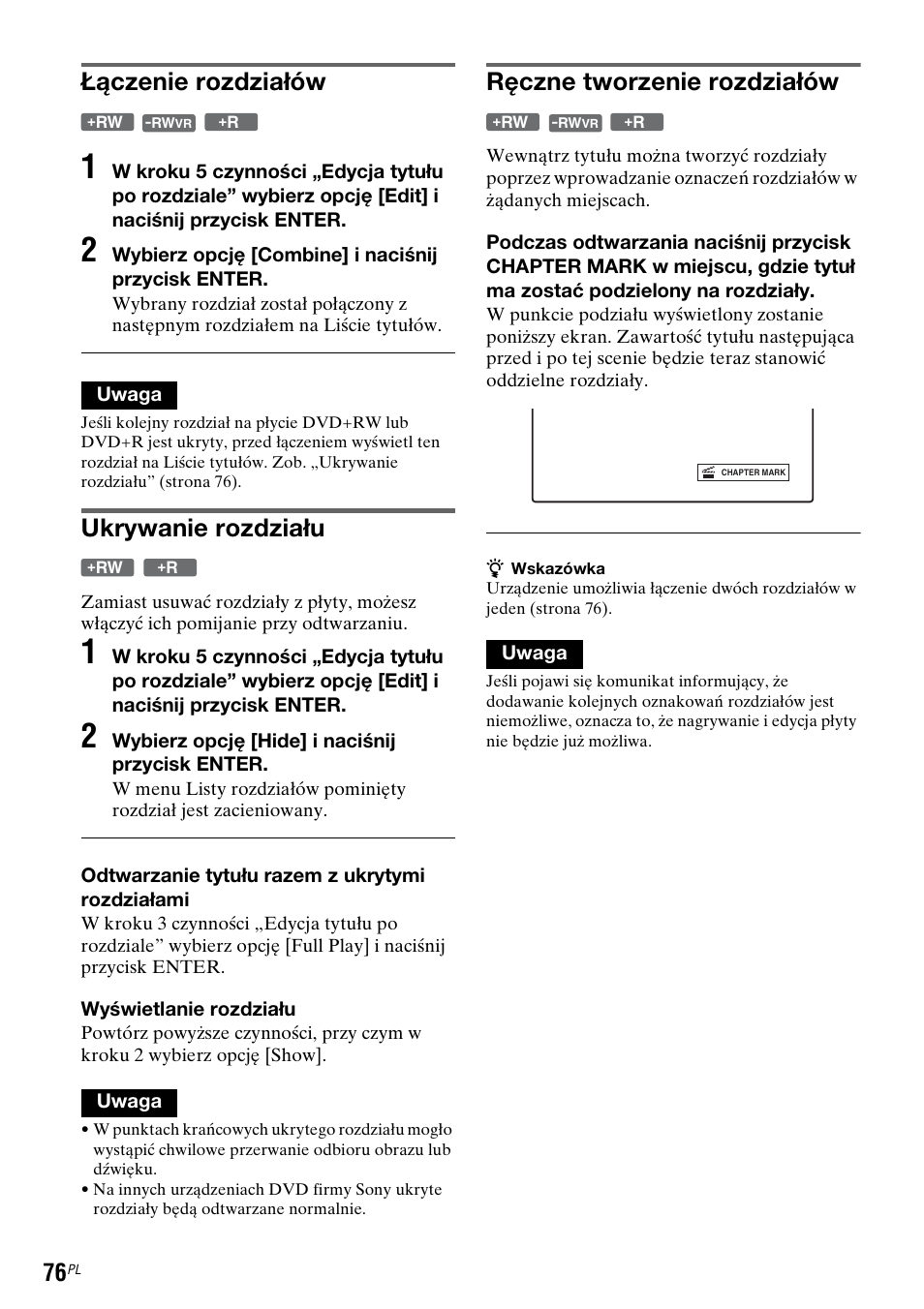 Łączenie rozdziałów, Ukrywanie rozdziału, Ręczne tworzenie rozdziałów | Sony DAR-RD100 User Manual | Page 448 / 508