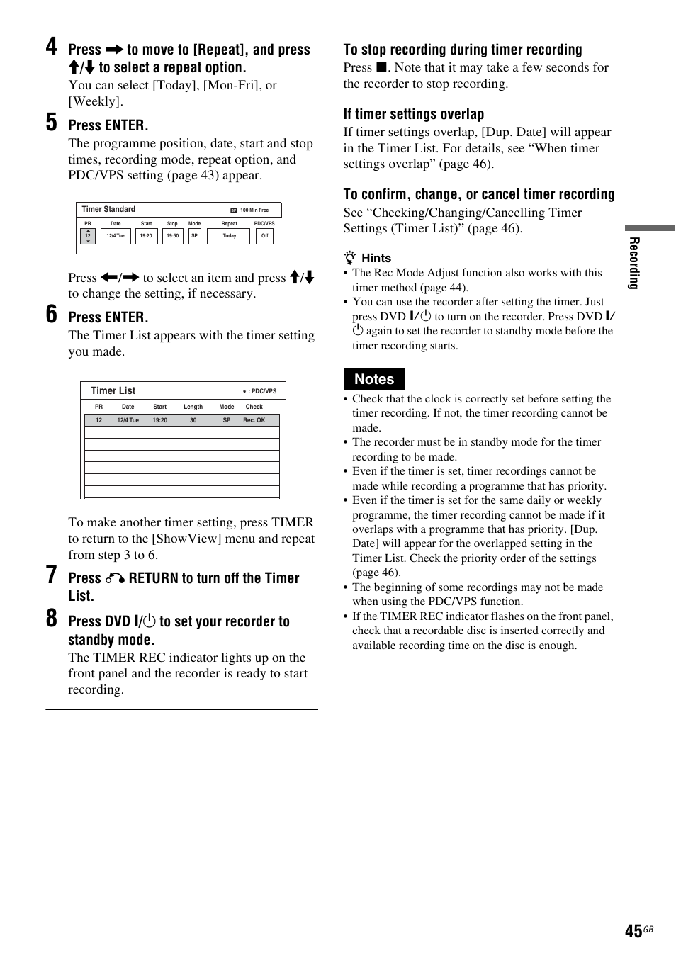 Press enter, Press o return to turn off the timer list, If timer settings overlap | Sony DAR-RD100 User Manual | Page 45 / 508