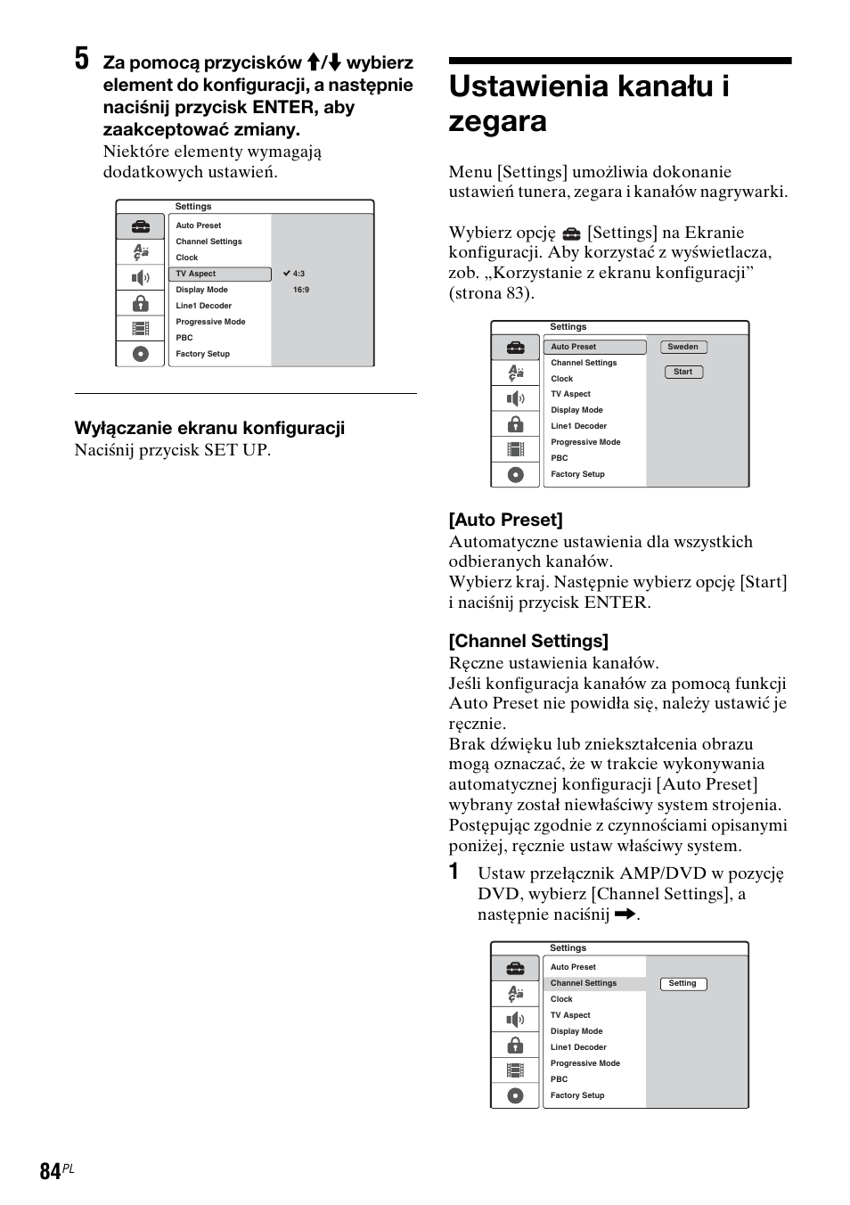 Ustawienia kanału i zegara, Channel settings, Nu [channel settings] w | Wyłączanie ekranu konfiguracji, Auto preset, Niektóre elementy wymagają dodatkowych ustawień, Naciśnij przycisk set up | Sony DAR-RD100 User Manual | Page 456 / 508