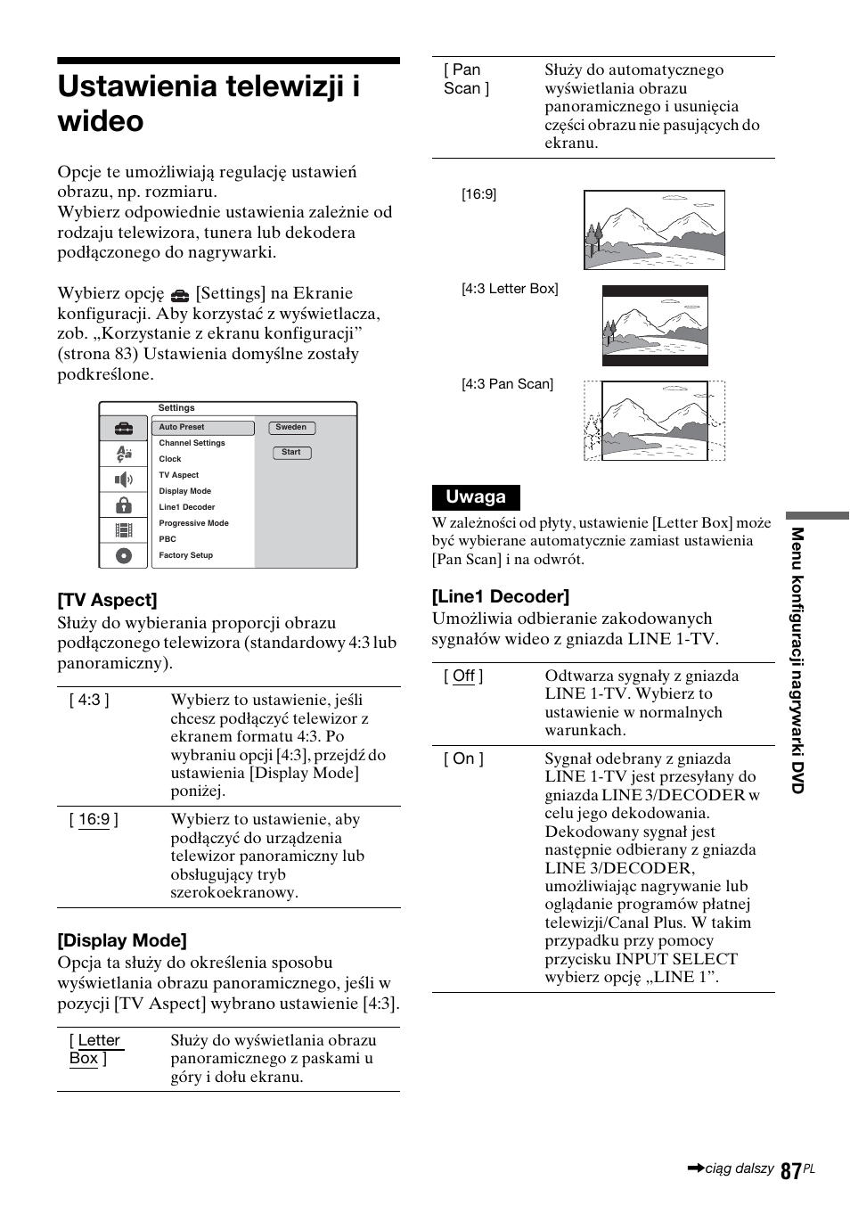 Ustawienia telewizji i wideo, Tv aspect, Display mode | Uwaga, Line1 decoder | Sony DAR-RD100 User Manual | Page 459 / 508