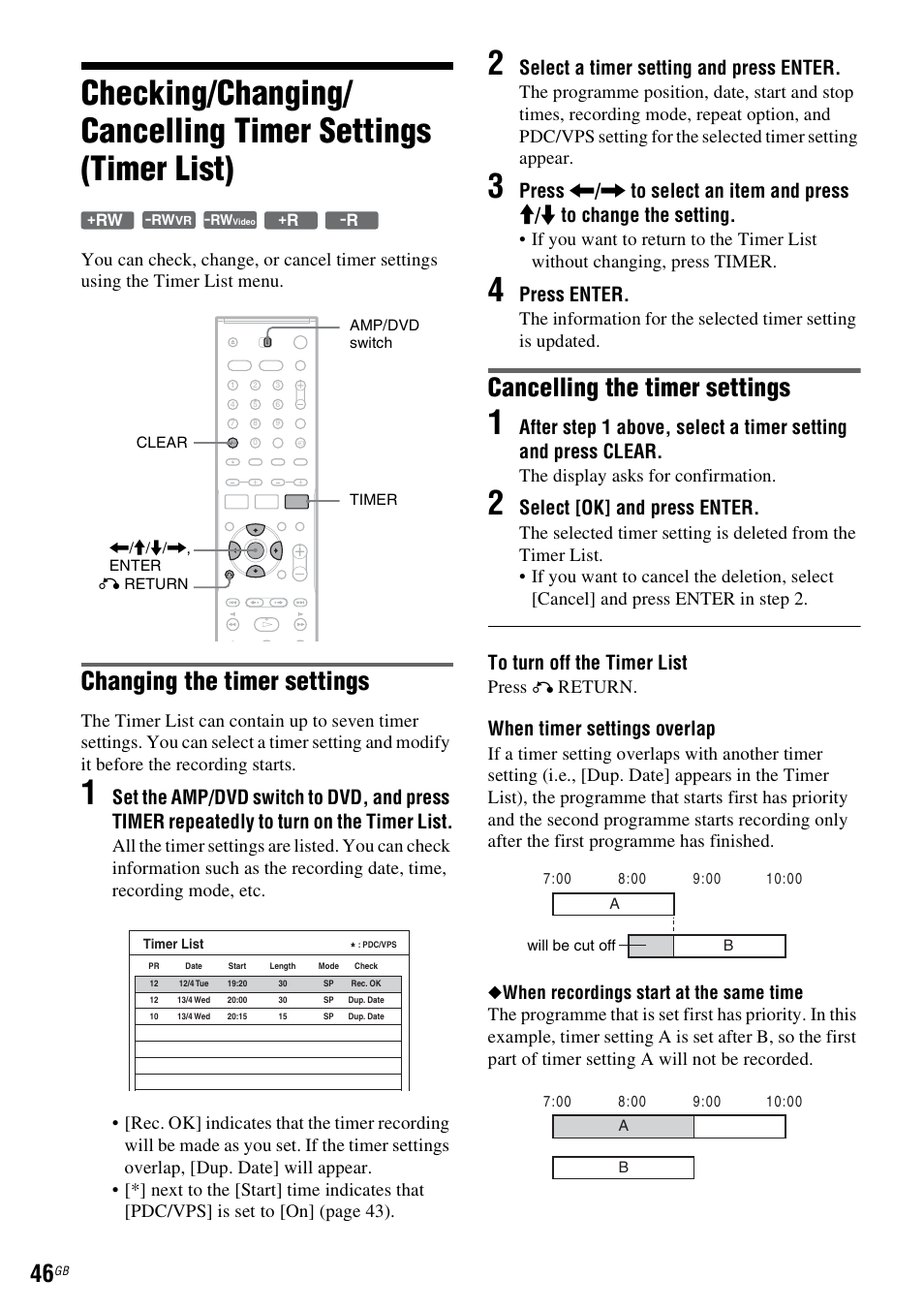 Changing the timer settings, Cancelling the timer settings, Select a timer setting and press enter | Press enter, Select [ok] and press enter, When timer settings overlap | Sony DAR-RD100 User Manual | Page 46 / 508