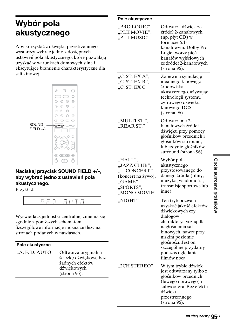 Wybór pola akustycznego | Sony DAR-RD100 User Manual | Page 467 / 508