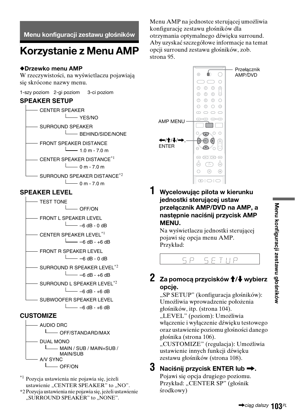 Menu konfiguracji zestawu głośników, Korzystanie z menu amp, Za pomocą przycisków m / m wybierz opcję | Naciśnij przycisk enter lub, Speaker setup, Speaker level, Customize | Sony DAR-RD100 User Manual | Page 475 / 508