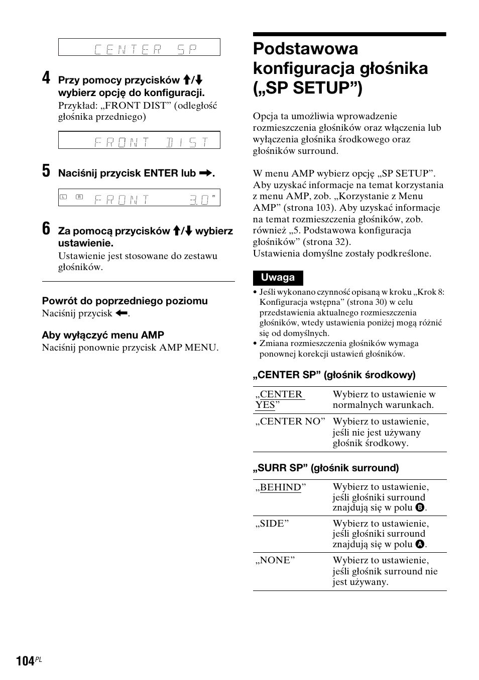 Podstawowa konfiguracja głośnika („sp setup”), Zob. „„surr sp” (głośnik surround)” na stronie 104 | Sony DAR-RD100 User Manual | Page 476 / 508