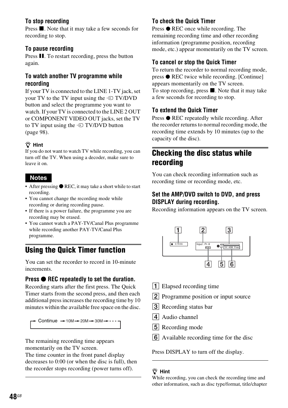Using the quick timer function, Checking the disc status while recording | Sony DAR-RD100 User Manual | Page 48 / 508