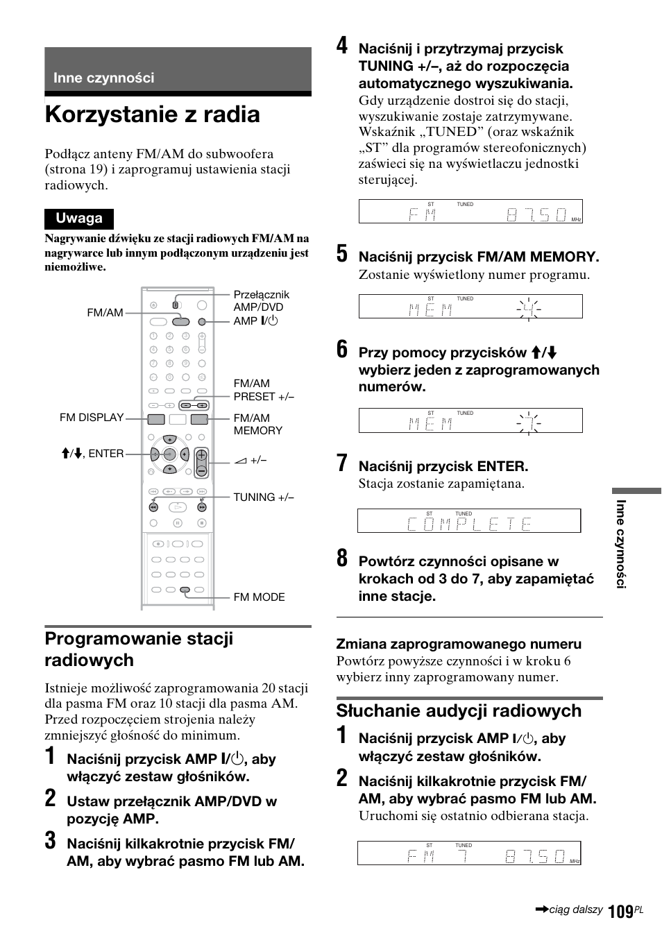 Inne czynności, Korzystanie z radia, Programowanie stacji radiowych | Słuchanie audycji radiowych | Sony DAR-RD100 User Manual | Page 481 / 508